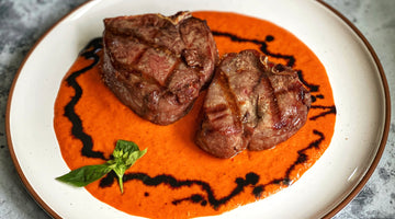 RECIPE:  LOIN CHOPS WITH A SPICY ROASTED RED PEPPER SAUCE AND BALSAMIC DRIZZLE